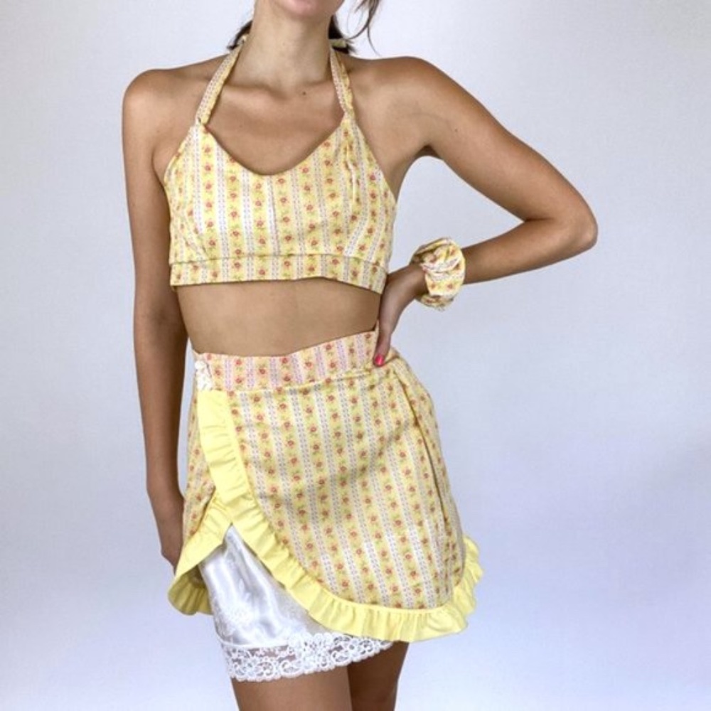 Vintage Yellow Floral Skirt Scrunchie Summer Set